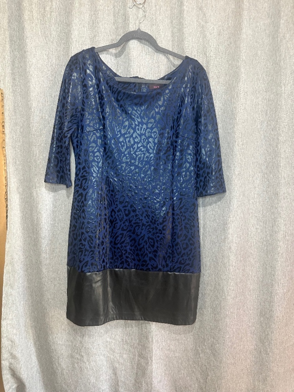 mark. by Avon Hit The Spots Blue Leopard Print Dress Faux Leather Hem - L